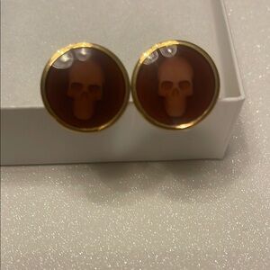 Alexander McQueen Gold and Burgundy Skull Cufflinks